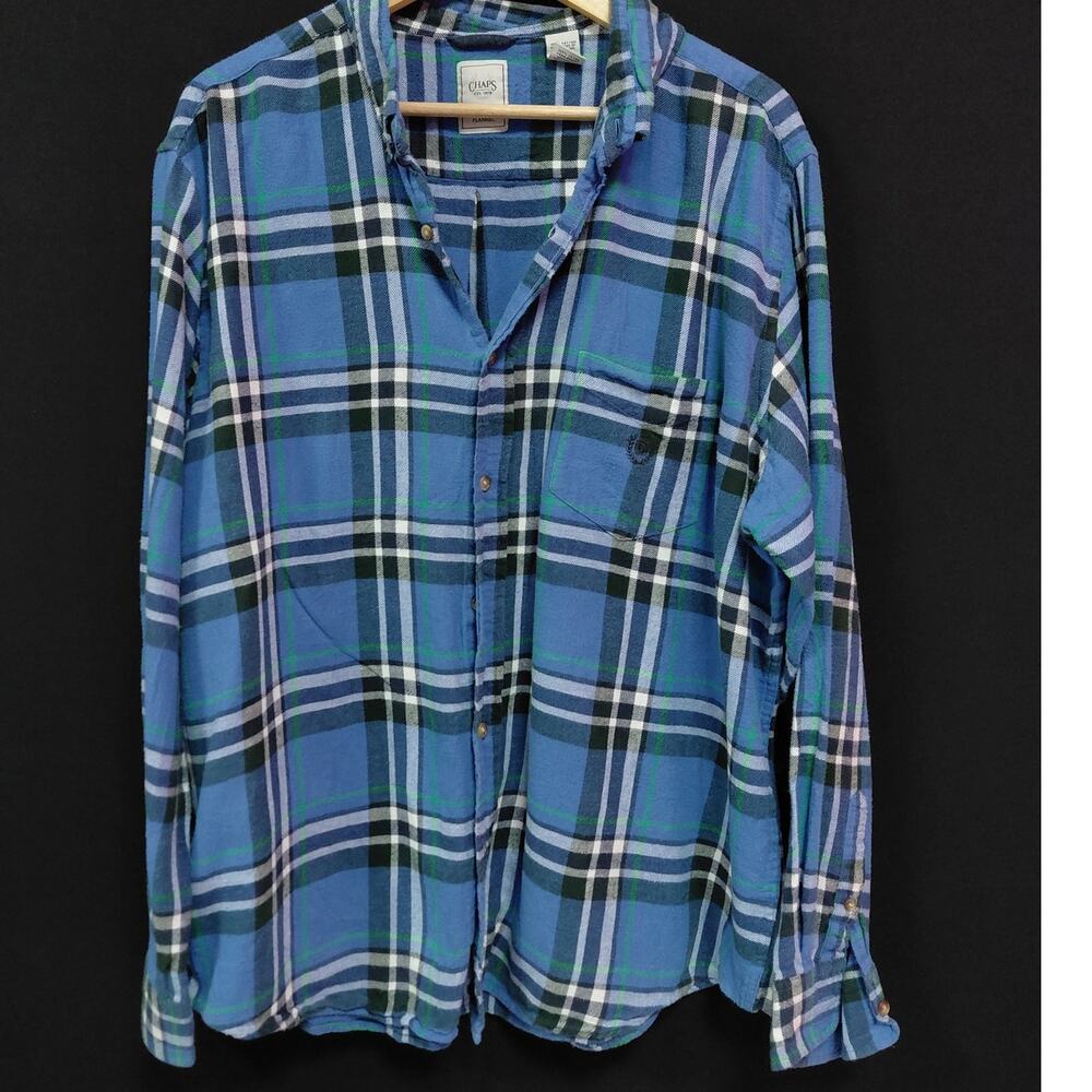 Vintage CHAPS EST. 1978 Chaps Blue Plaid Flannel Shirt Long Sleeve Size XXL